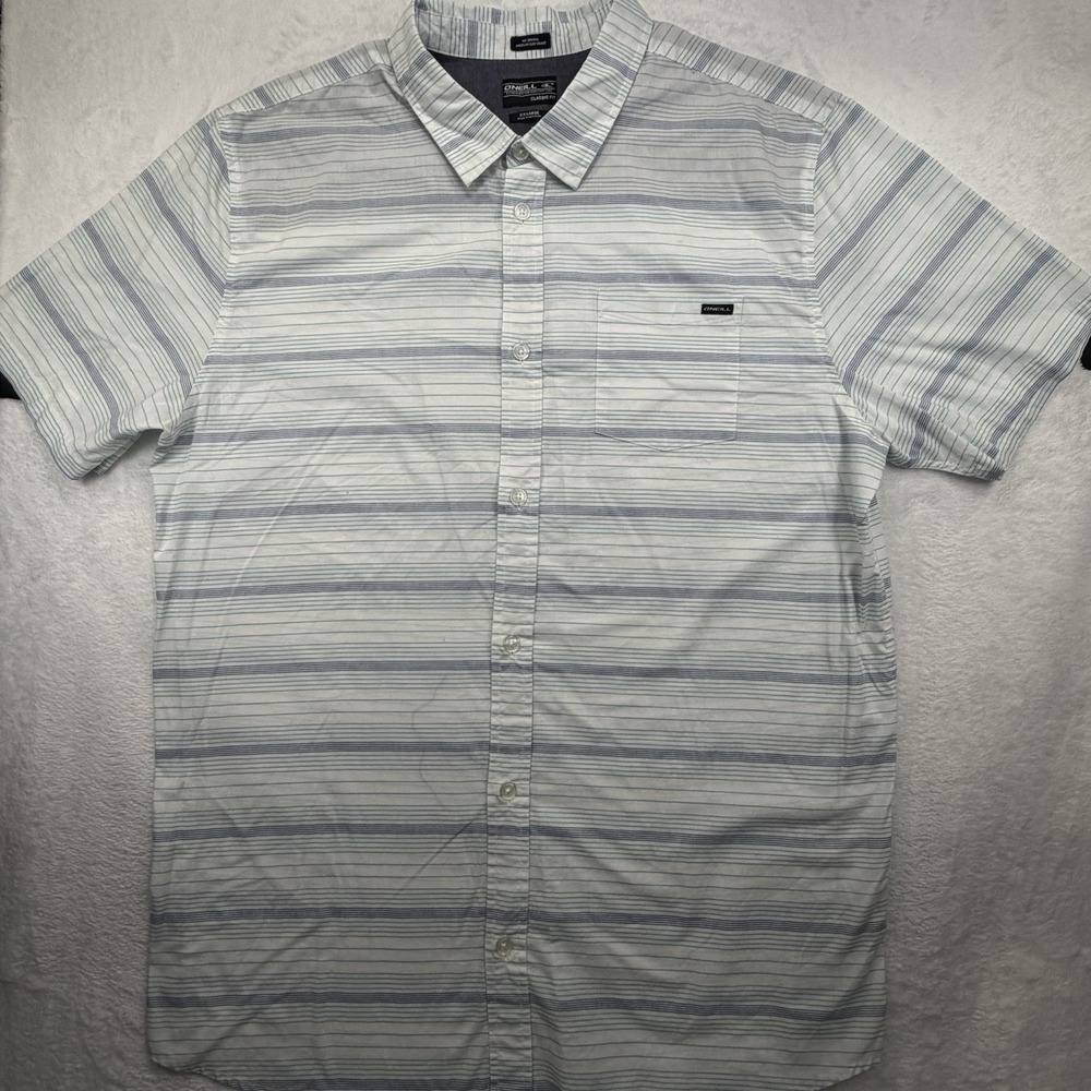 O'Neill Button Down Shirt Mens XL Blue Green White Striped SS Classic Fit Casual